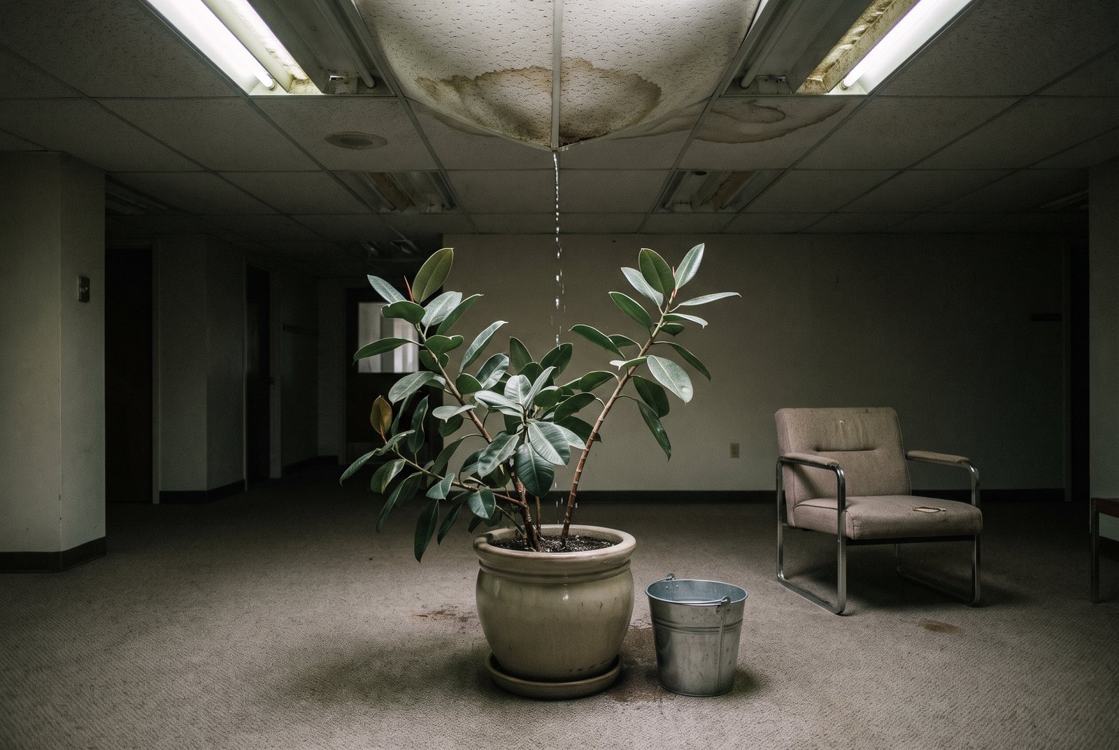 A potted lobby plant under a sagging, stained ceiling tile that drips into its soil.