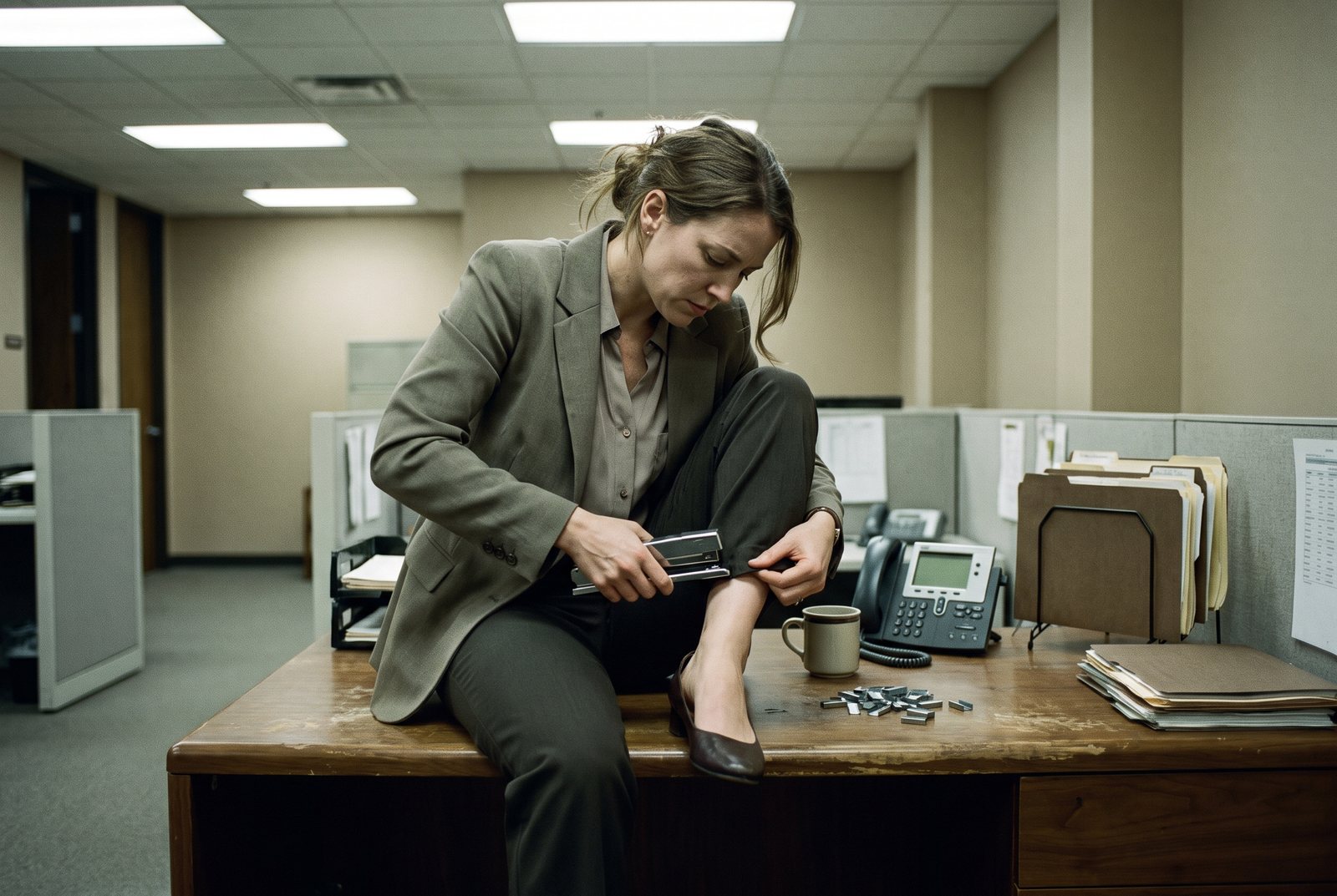 A woman sits on the edge of a desk hemming her trouser cuff with a desk stapler.